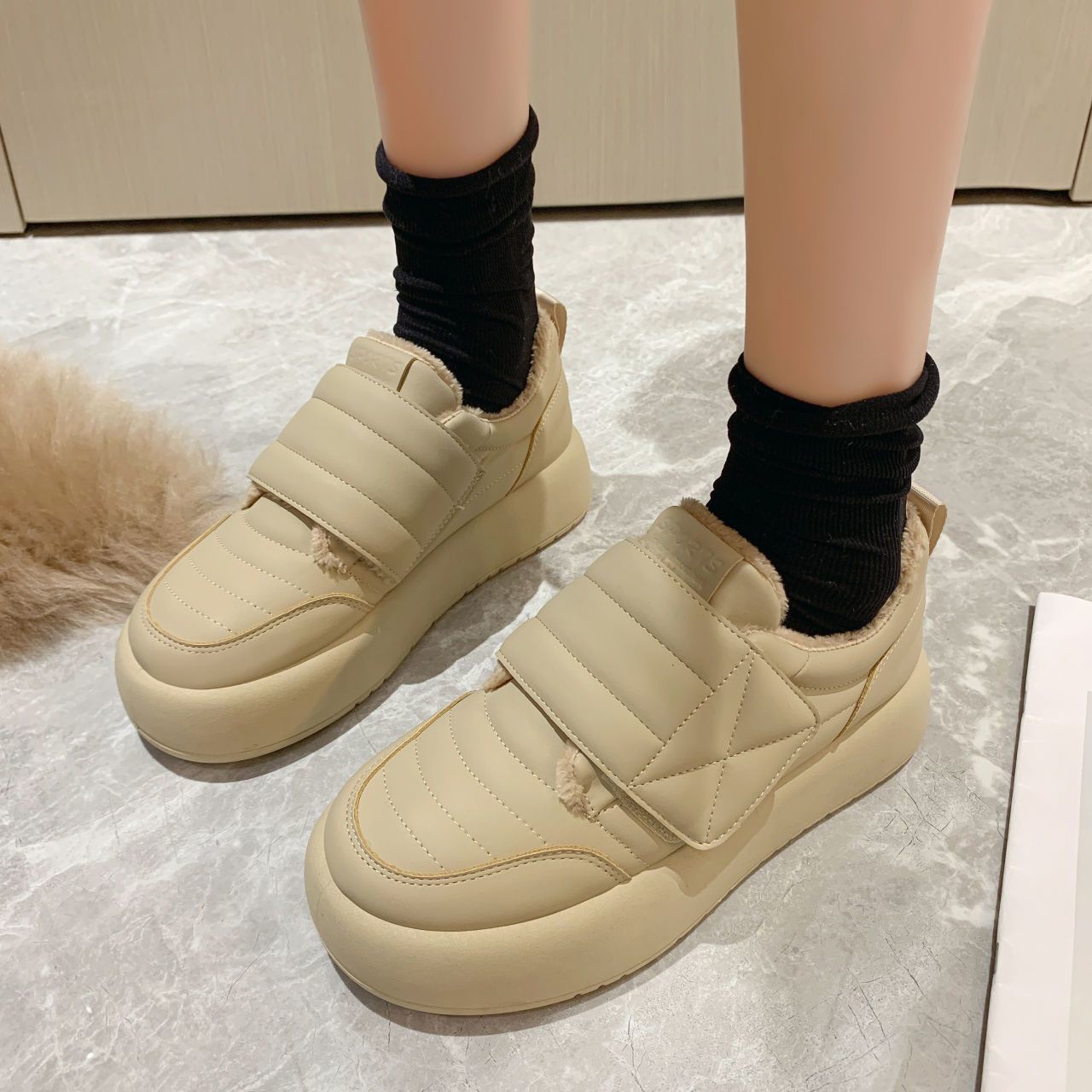 Women'S Fashion Velcro Sneakers - Zachte witte Tokyo Fashion warme flanel