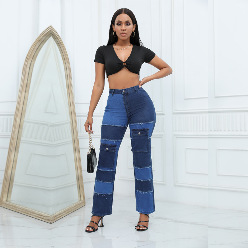 Women'S Fashion Utility Pants - Utility-stijl jeans met meerdere zakken, kleurblokken,