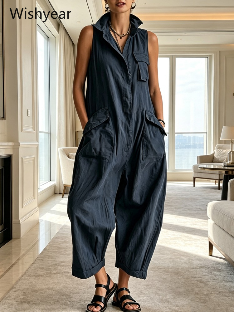 Women'S Fashion Utility Pants - Damesmode Utility Jumpsuit Marineblauw Mouwloos Met