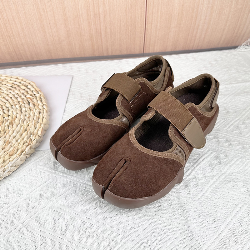 Women'S Fashion Velcro Sneakers - Damessneakers met gespleten teen, zwart leer,