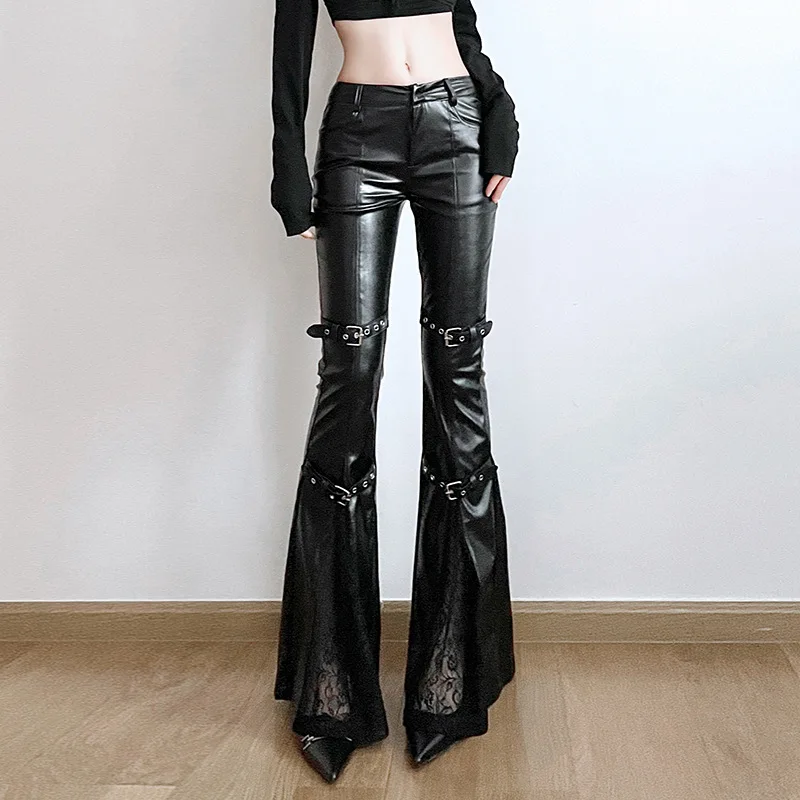 Women'S Fashion Trousers - Dames PU lederen flare broek, gotische